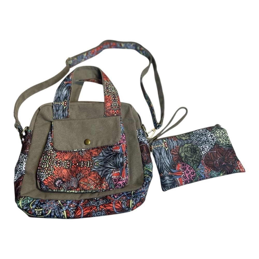 Black Butterfly Canvas Floral Crossbody Handbag With Wristlet